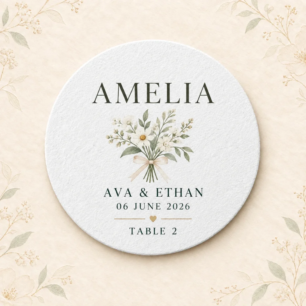 Round wedding place-card coaster for guest Amelia at Ava and Ethan’s reception