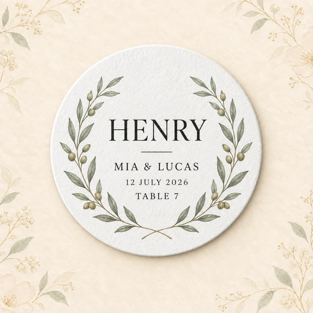 Round wedding place-card coaster for guest Henry at Mia and Lucas’s reception