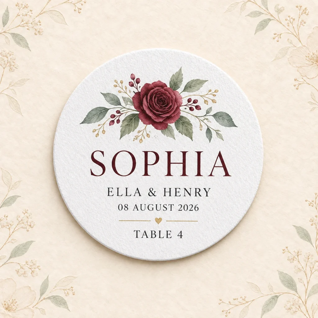 Round wedding place-card coaster for guest Sophia at Ella and Henry’s reception