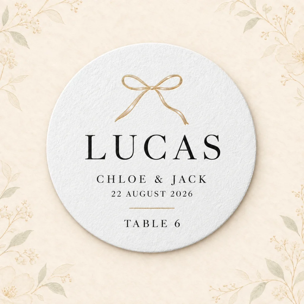 Round wedding place-card coaster for guest Lucas at Chloe and Jack’s reception