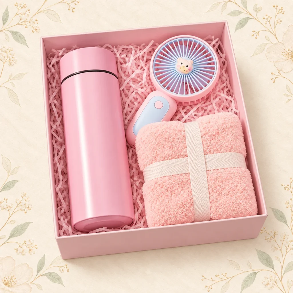 Blush wedding tumbler fan and towel gift box set