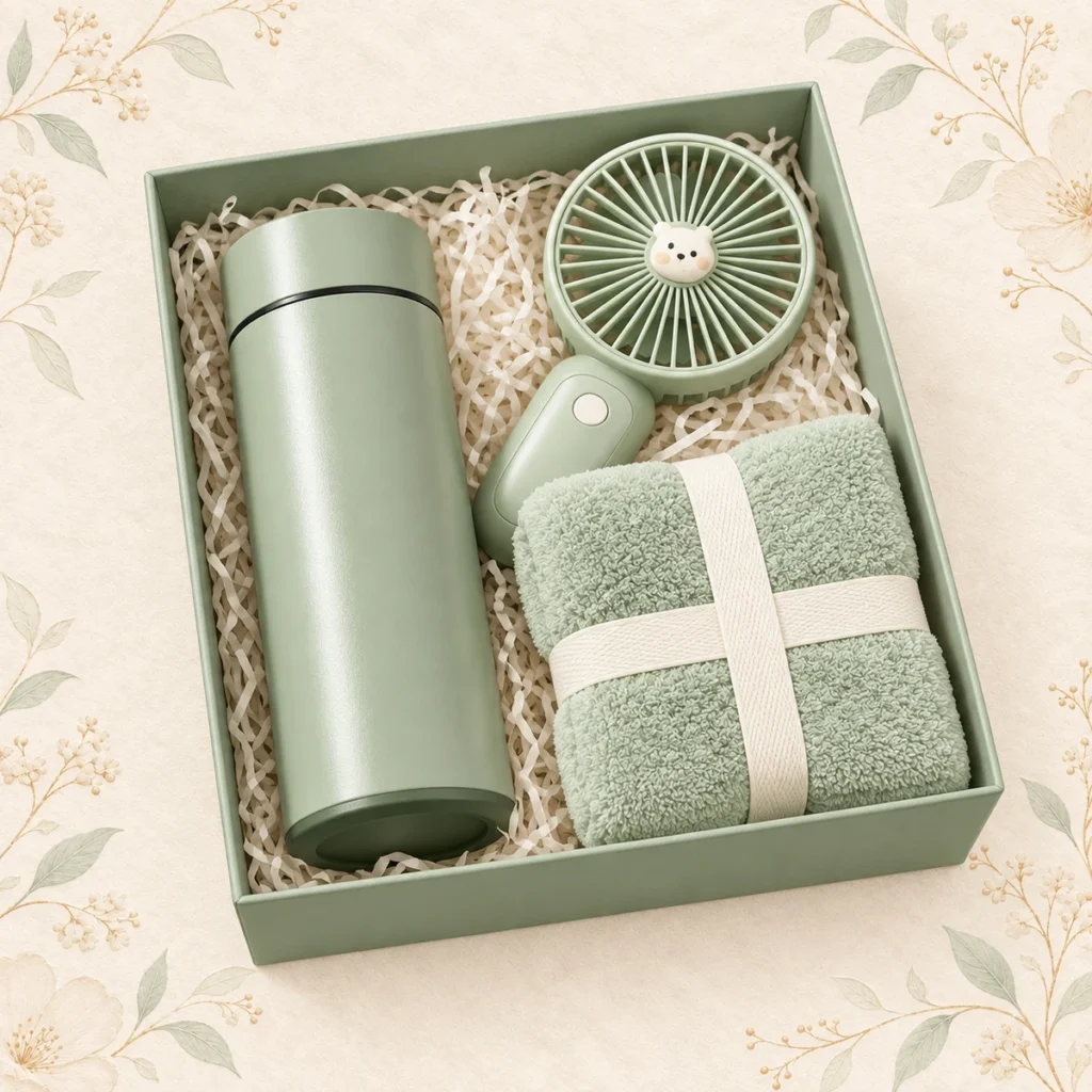 Sage wedding tumbler fan and towel gift box set