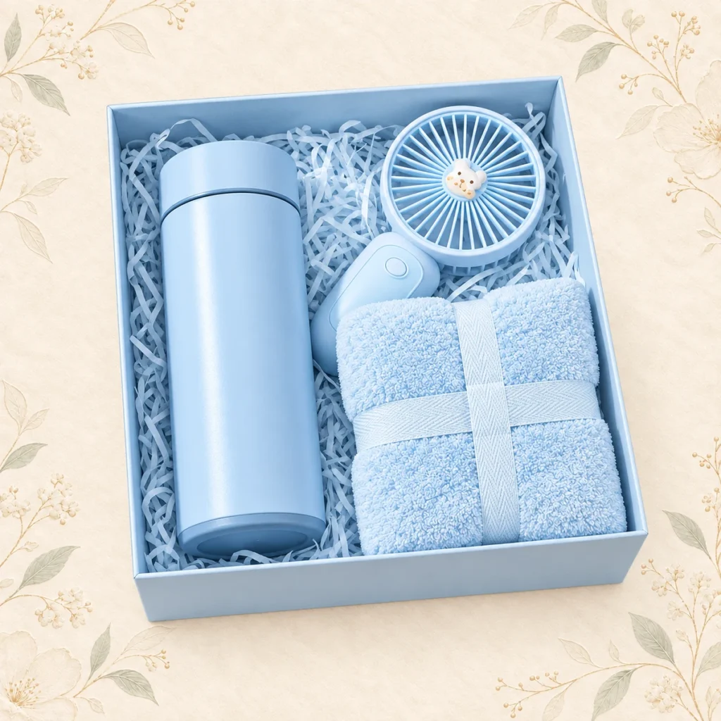 Powder blue wedding tumbler fan and towel gift box set