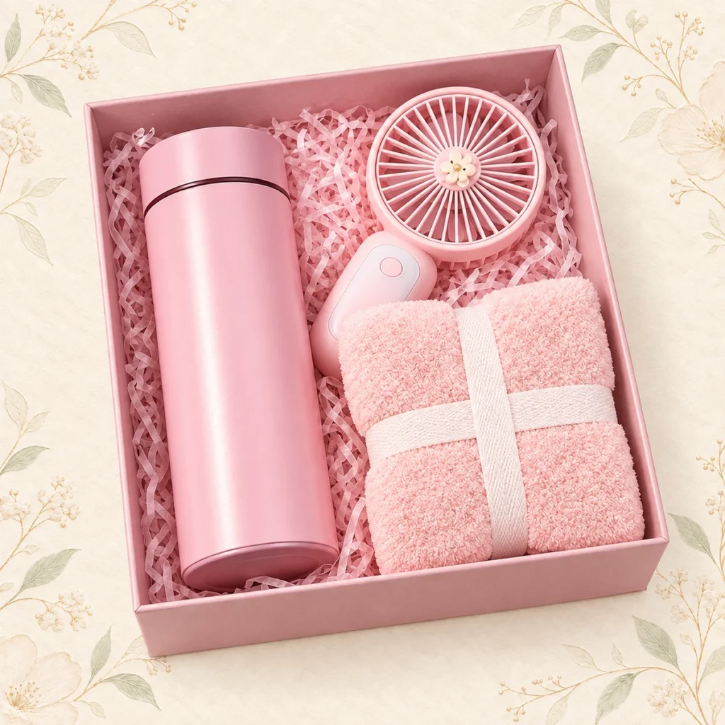 Dusty rose wedding tumbler fan and towel gift box set