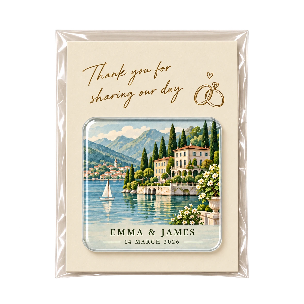 Personalized acrylic wedding venue magnet with a lake-view illustration