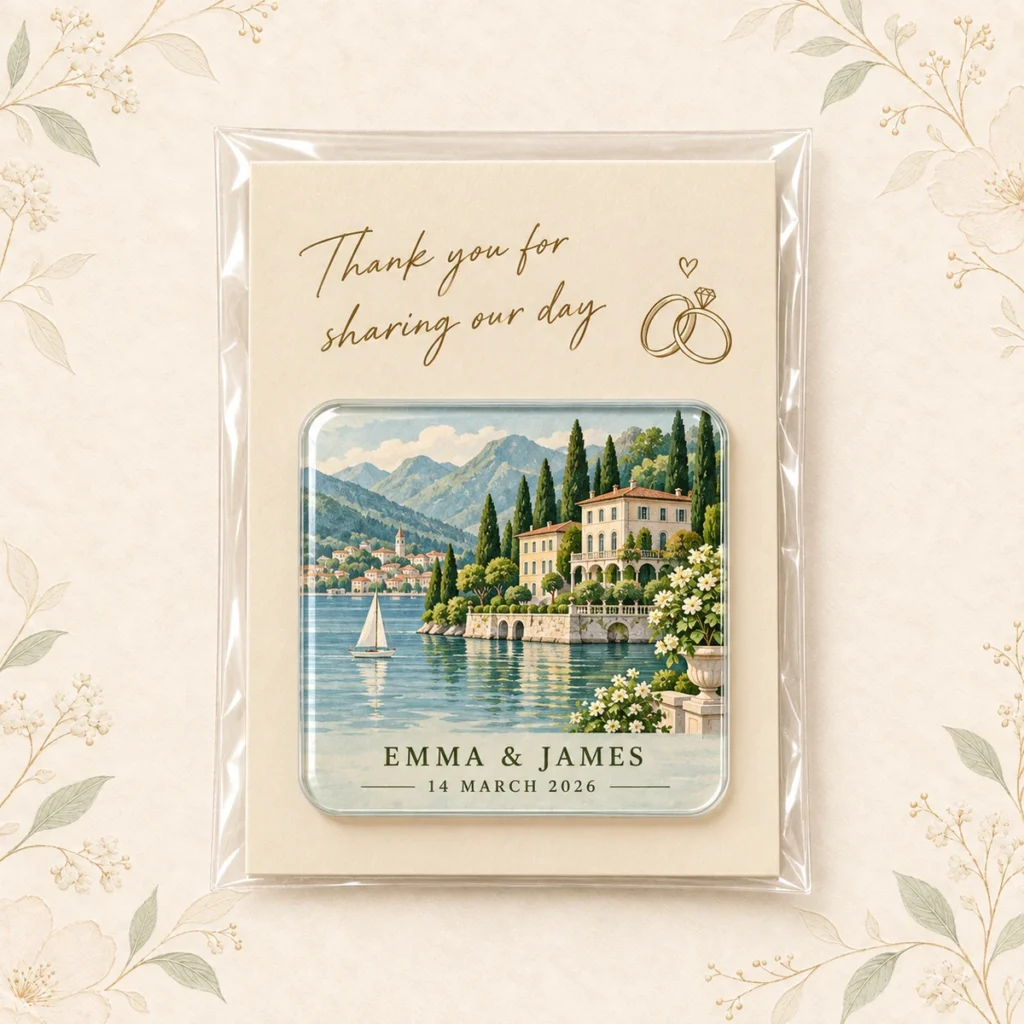Lake Como wedding venue acrylic magnet favor personalized for Emma and James