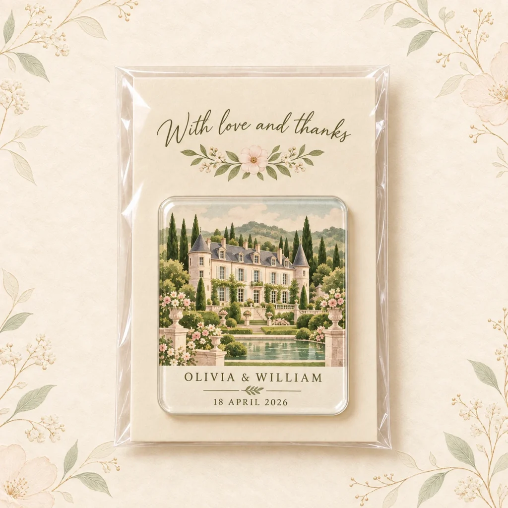 French château wedding venue acrylic magnet personalized for Olivia and William