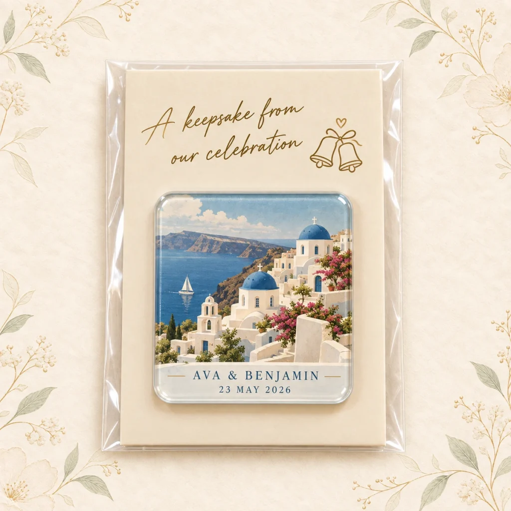 Santorini wedding venue acrylic magnet personalized for Ava and Benjamin
