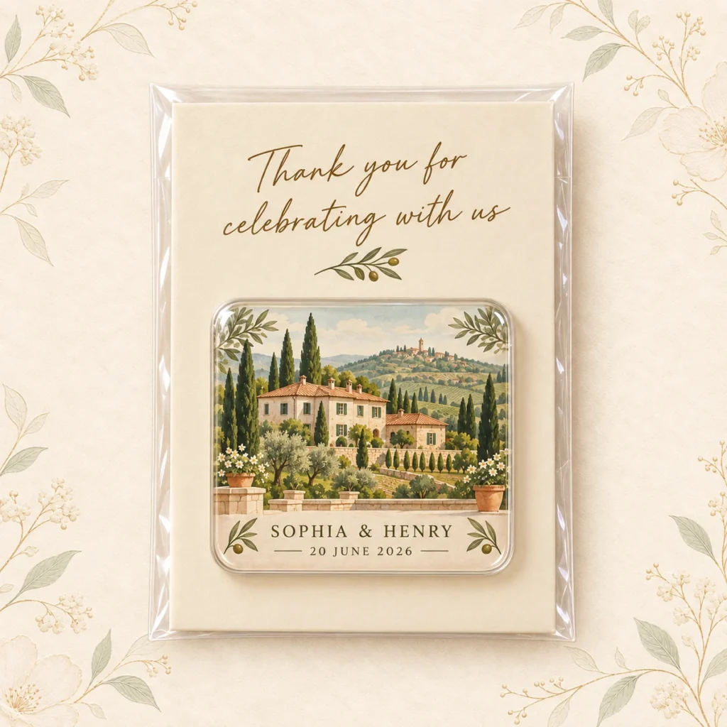 Tuscan villa wedding venue acrylic magnet personalized for Sophia and Henry