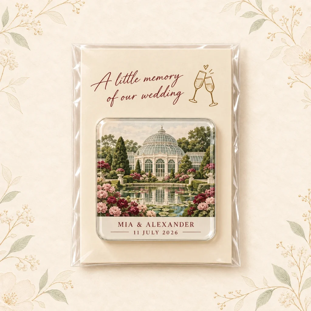 Botanical conservatory wedding venue acrylic magnet personalized for Mia and Alexander