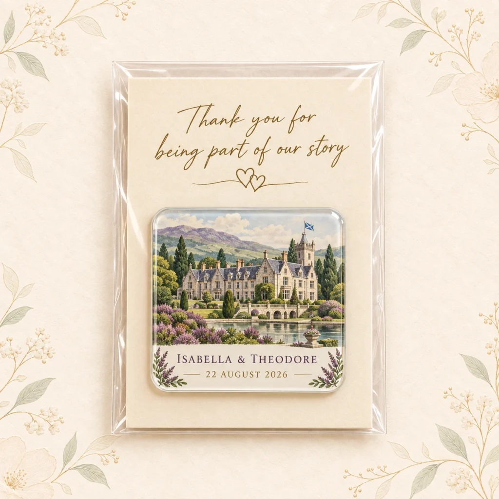 Scottish manor wedding venue acrylic magnet personalized for Isabella and Theodore