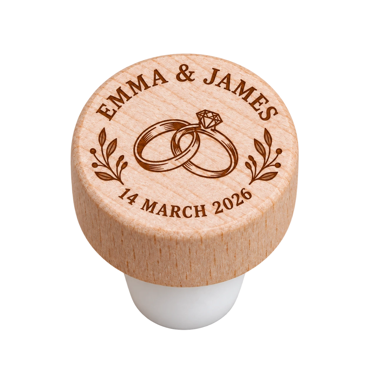 Natural wood personalized wedding wine bottle stopper for Emma and James