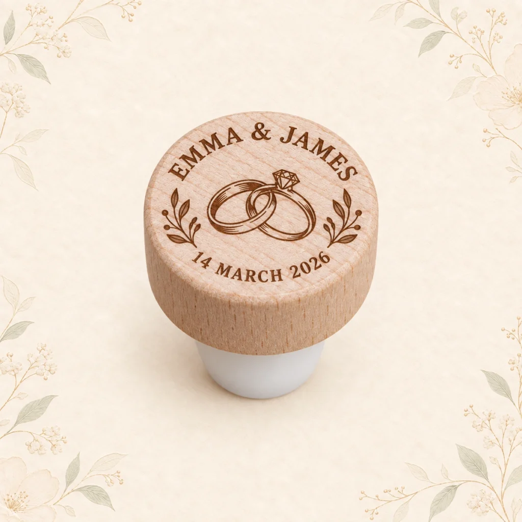 Natural wood personalized wedding wine bottle stopper for Emma and James