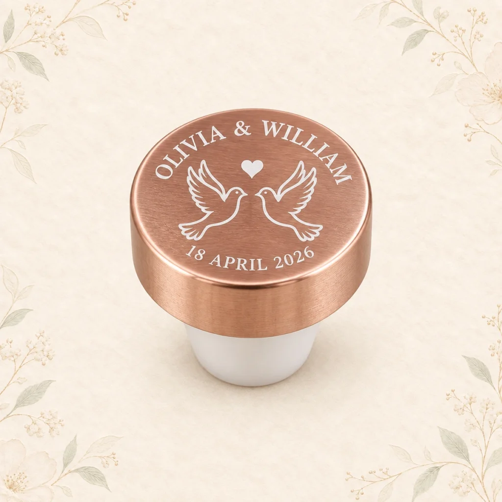 Rose gold personalized wedding wine bottle stopper for Olivia and William