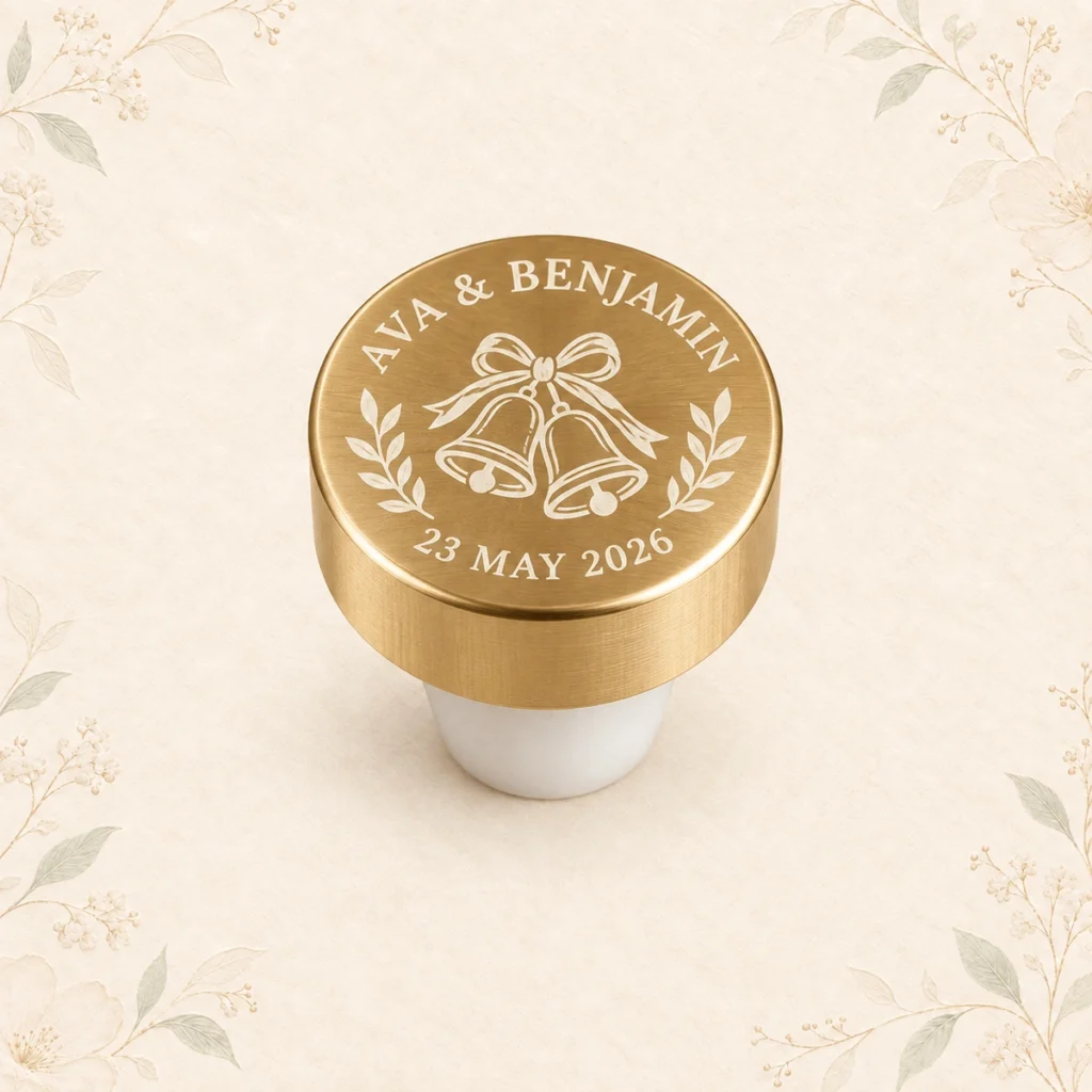 Gold personalized wedding wine bottle stopper for Ava and Benjamin