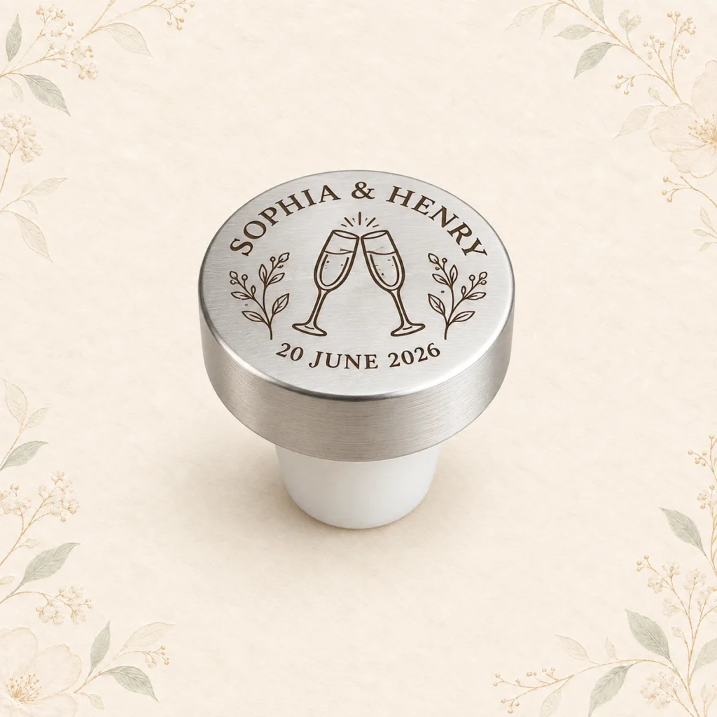 Silver personalized wedding wine bottle stopper for Sophia and Henry