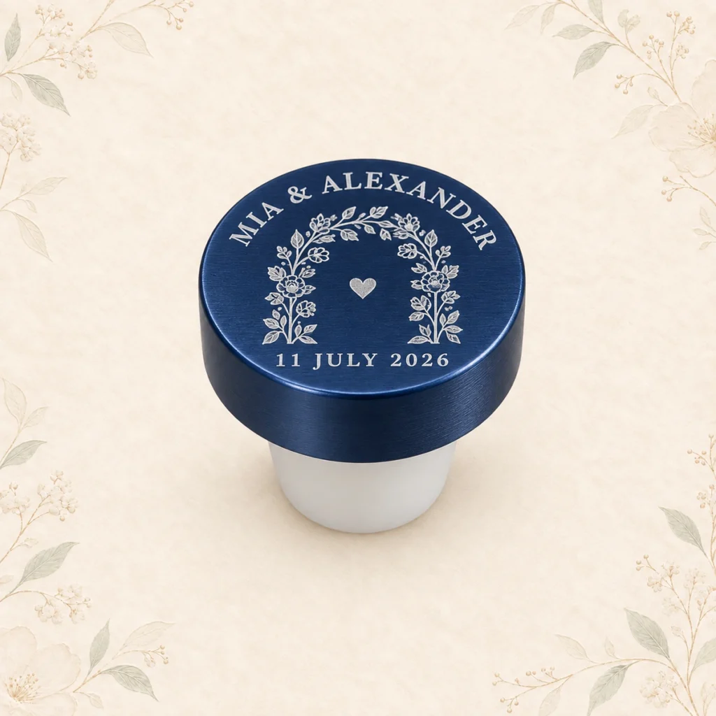 Navy blue personalized wedding wine bottle stopper for Mia and Alexander