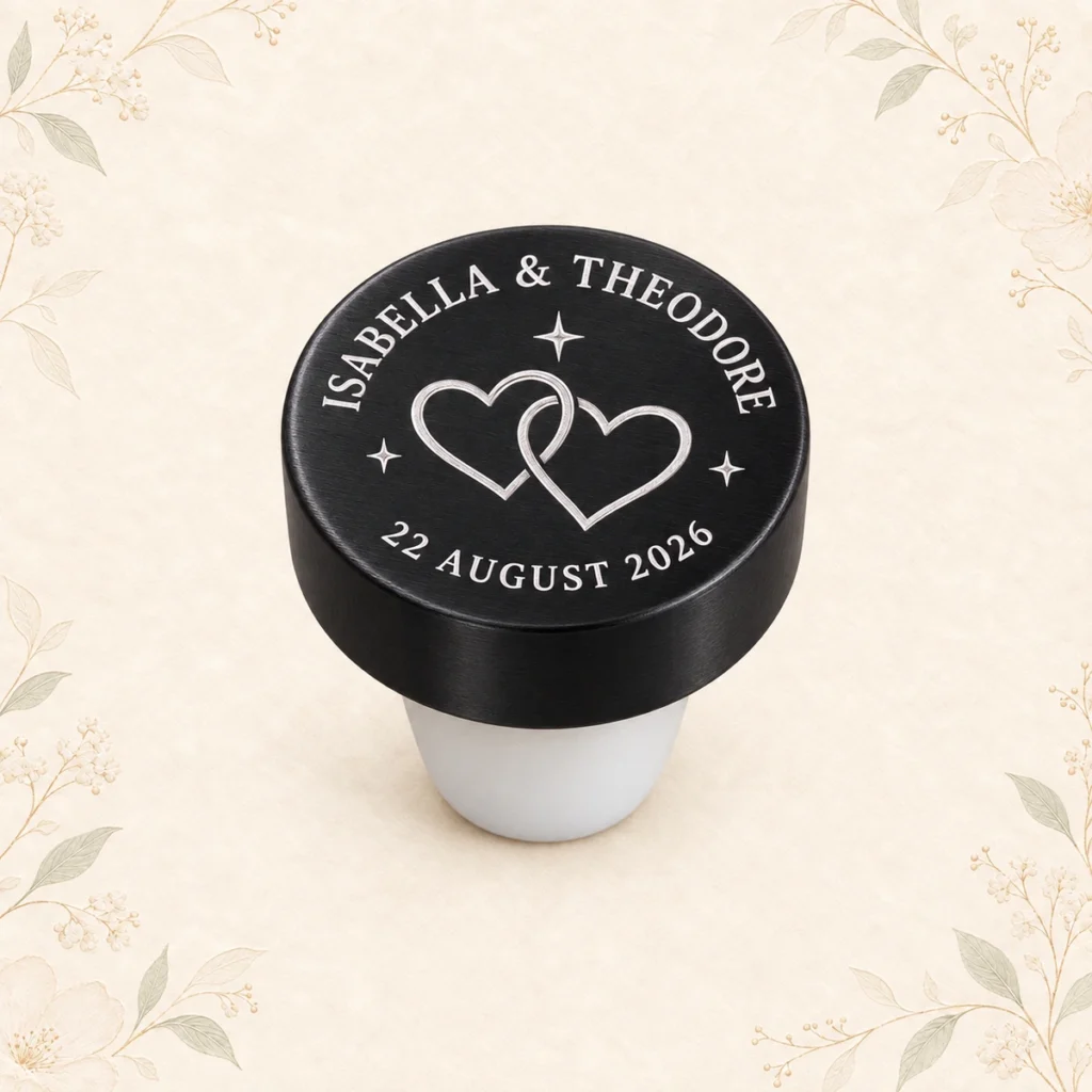 Black personalized wedding wine bottle stopper for Isabella and Theodore