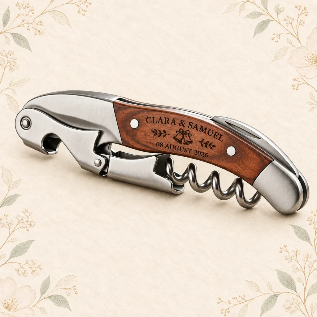 Wine opener for Clara and Samuel dated 8 August 2026