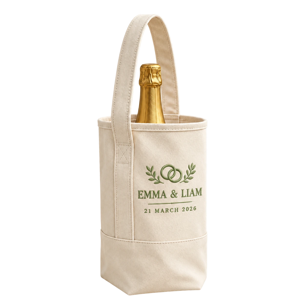 Wedding wine tote for Emma and Liam dated 21 March 2026