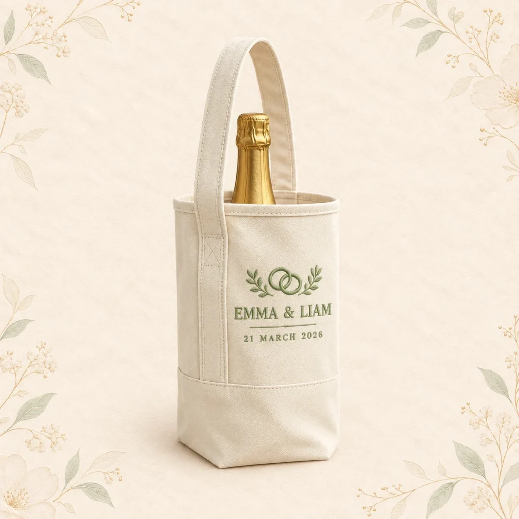 Wedding wine tote for Emma and Liam dated 21 March 2026