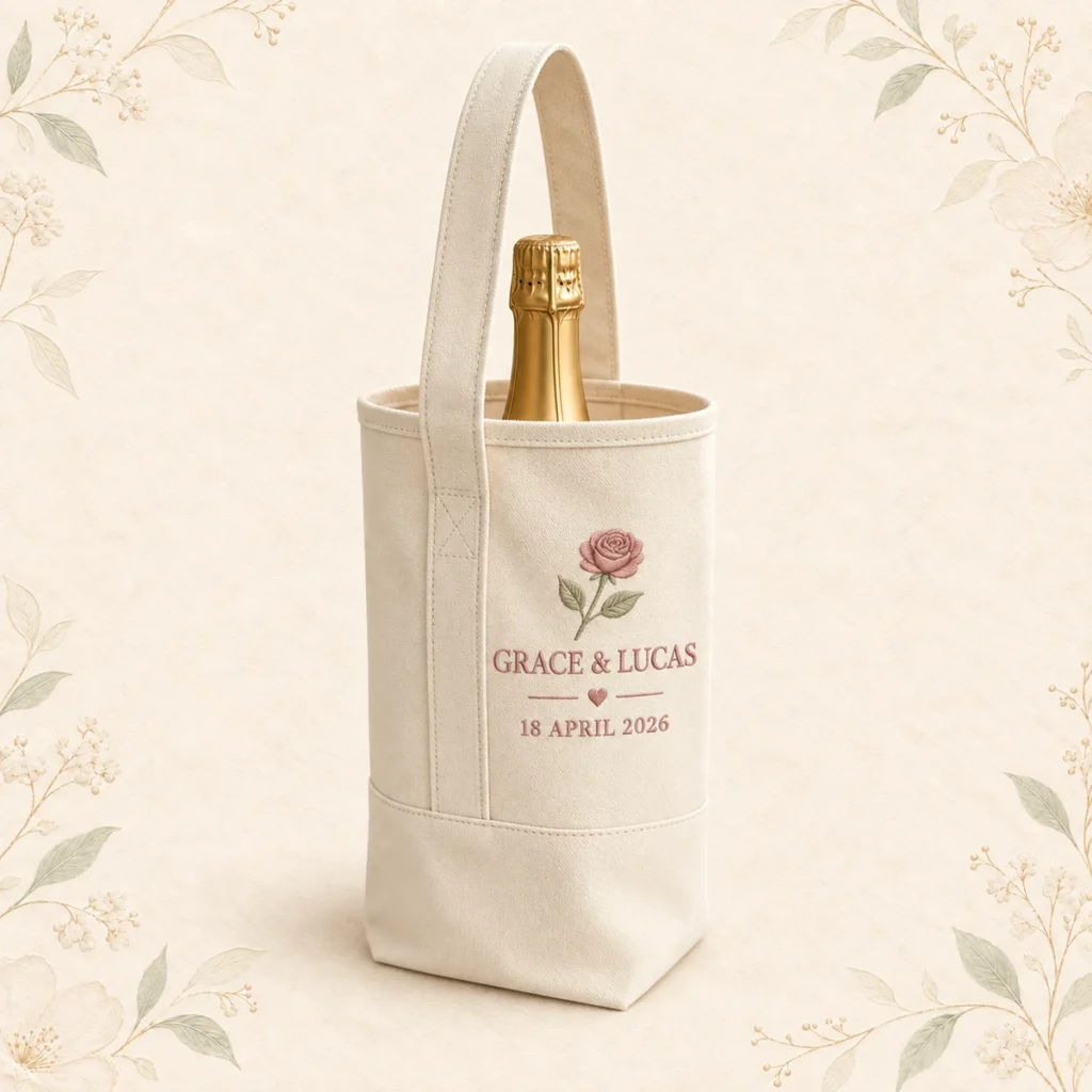 Wedding wine tote for Grace and Lucas dated 18 April 2026