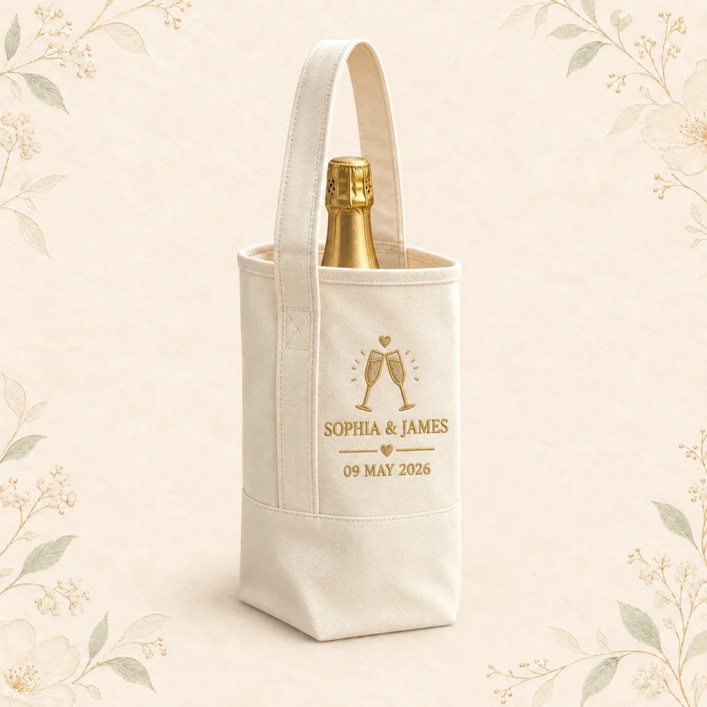 Wedding wine tote for Sophia and James dated 9 May 2026