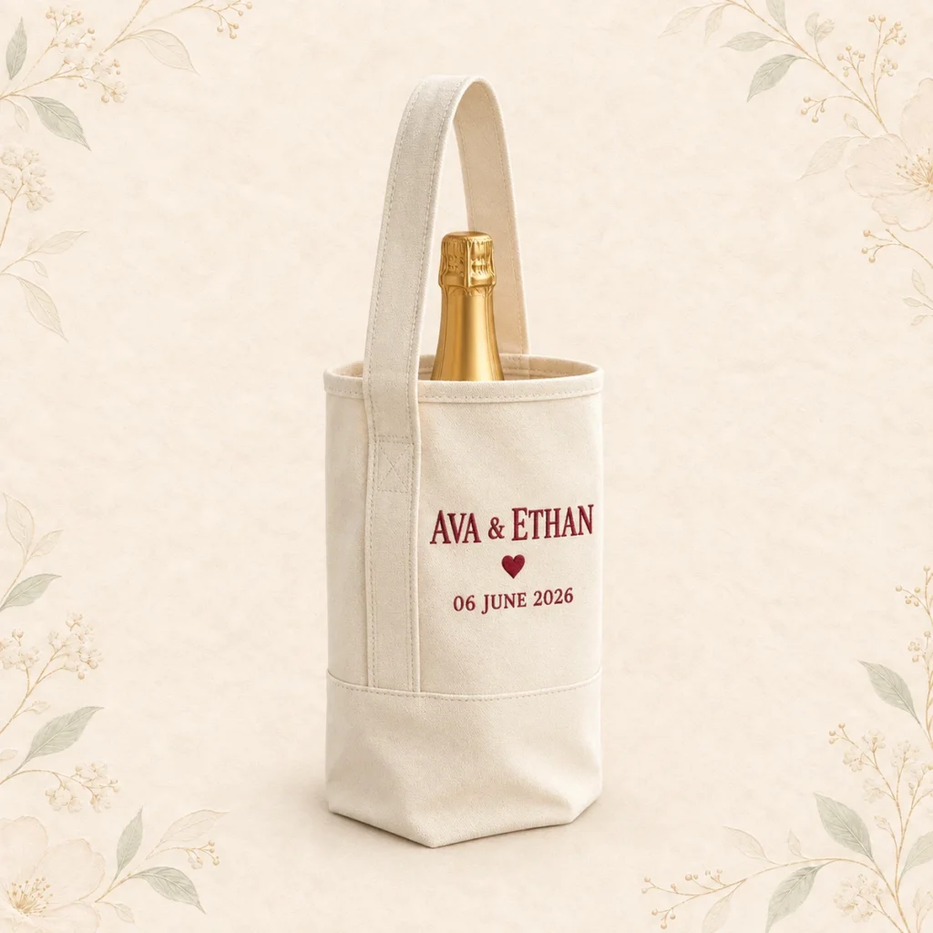Wedding wine tote for Ava and Ethan dated 6 June 2026