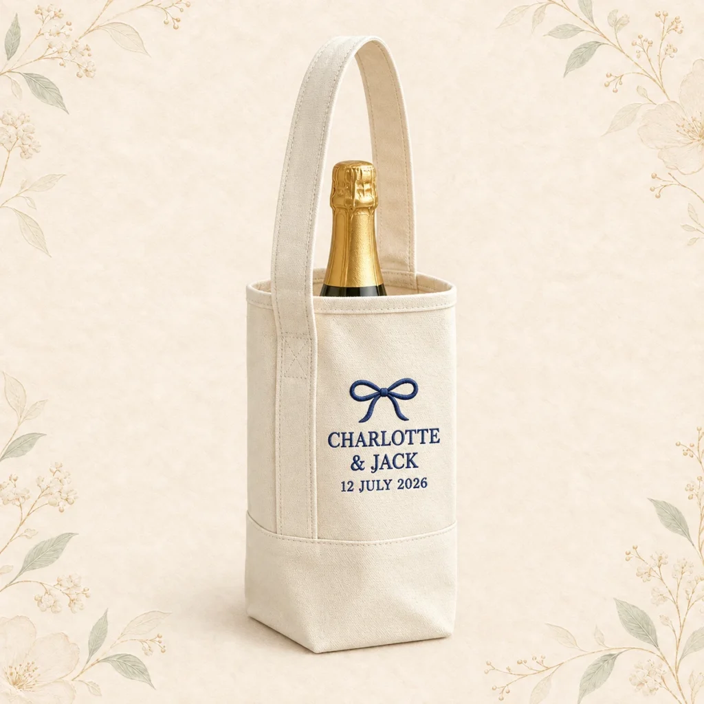 Wedding wine tote for Charlotte and Jack dated 12 July 2026
