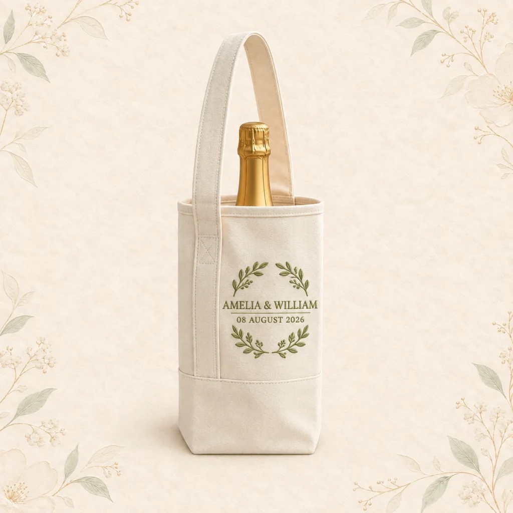 Wedding wine tote for Amelia and William dated 8 August 2026