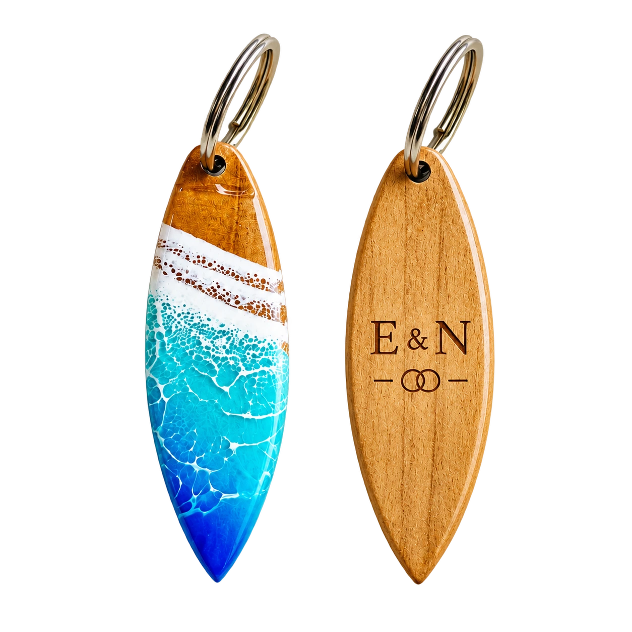 Blue resin surfboard keychain front and engraved wood reverse