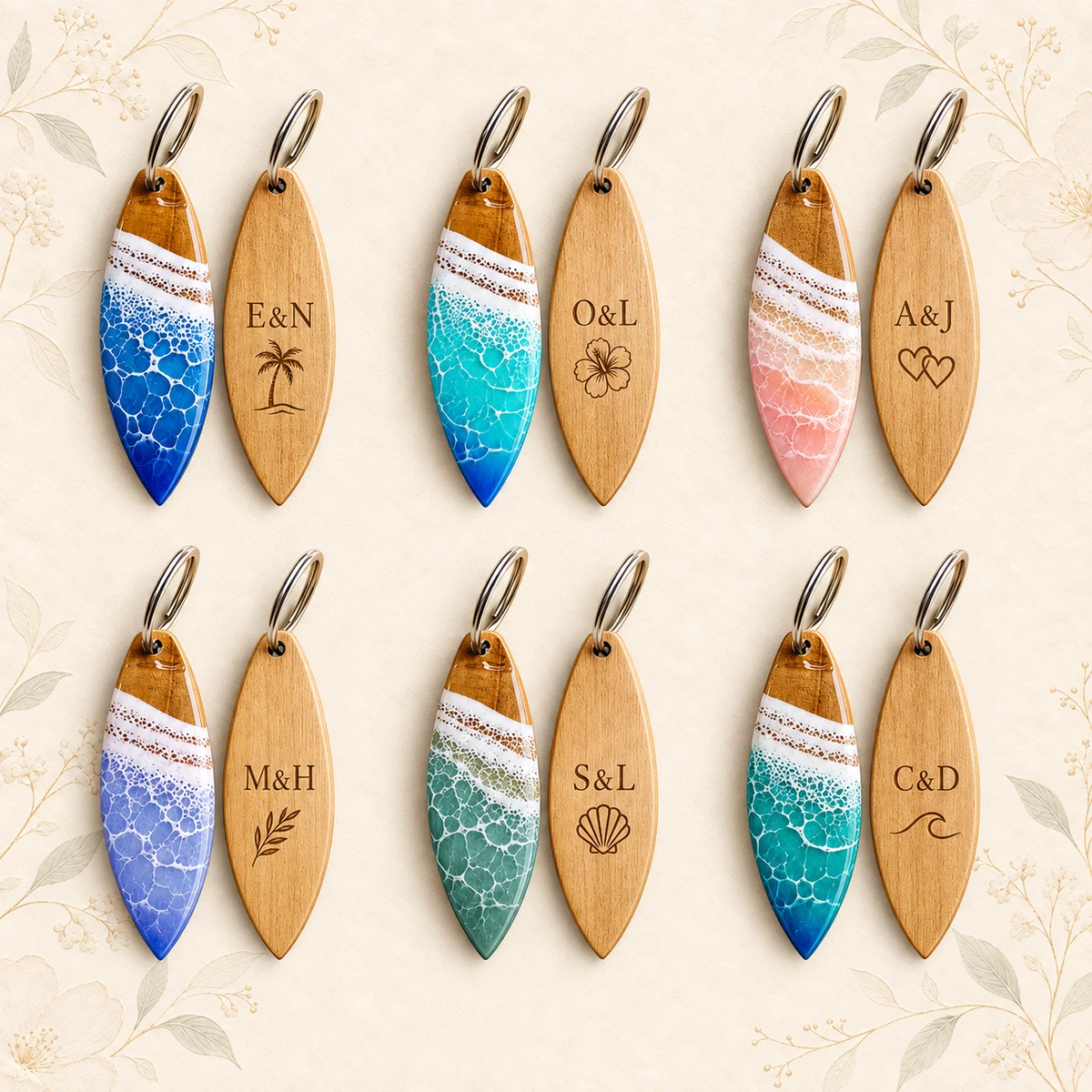 Personalized Wood and Resin Surfboard Wedding Keychain product collection
