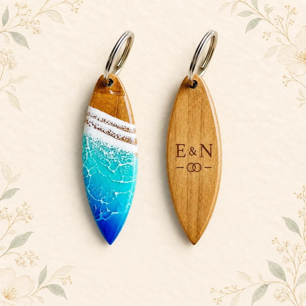 Blue resin surfboard keychain front and engraved wood reverse