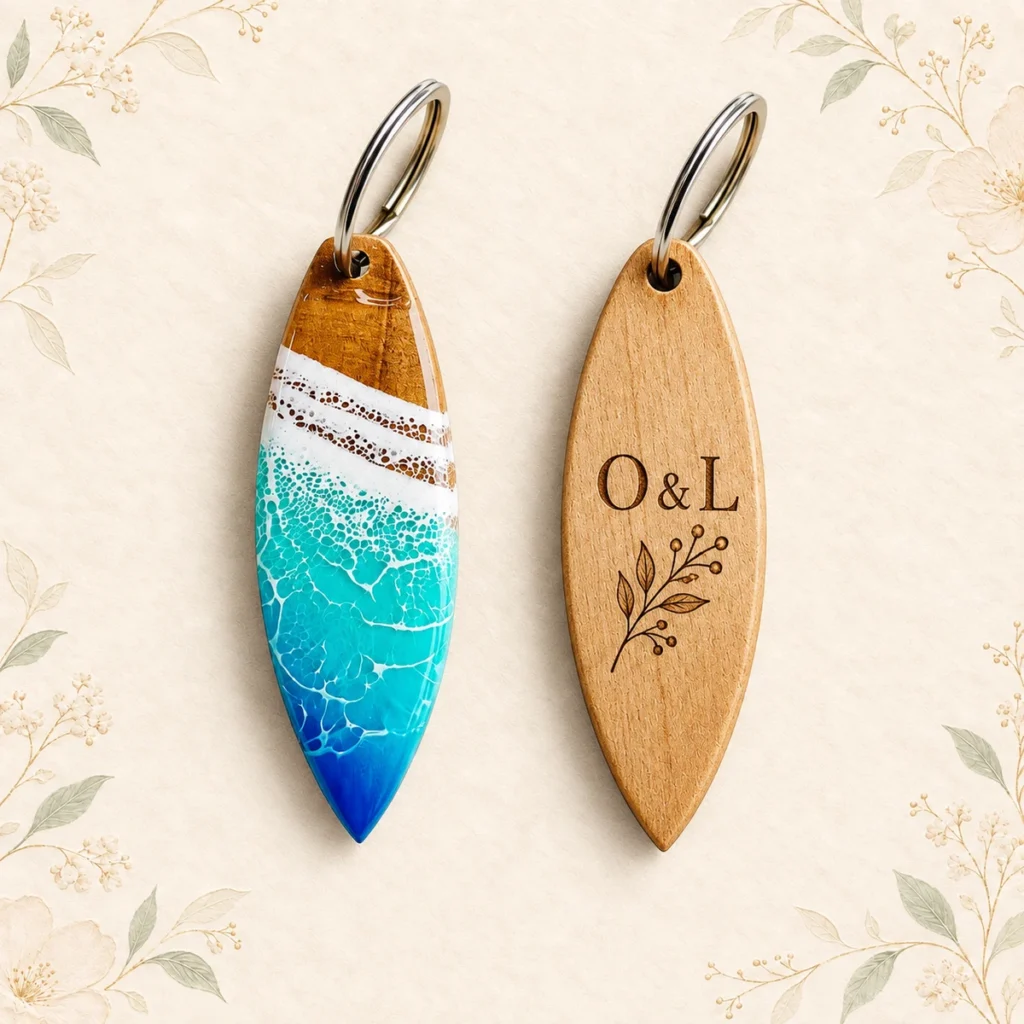 Turquoise resin surfboard keychain front and engraved wood reverse