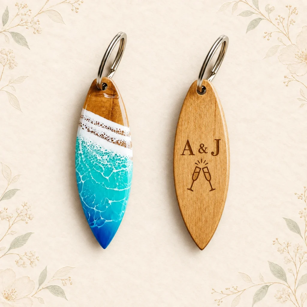 Aqua resin surfboard keychain front and engraved wood reverse