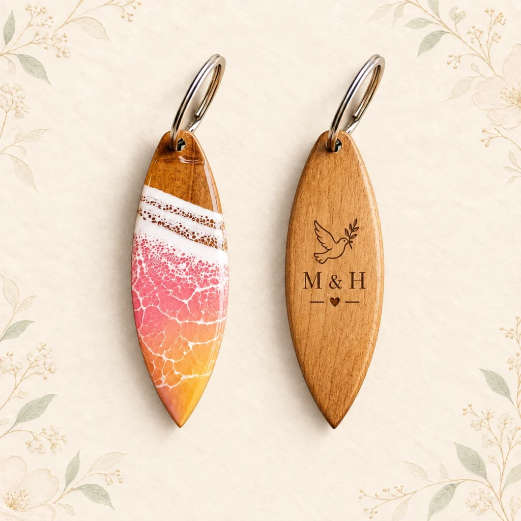 Deep blue resin surfboard keychain front and engraved wood reverse