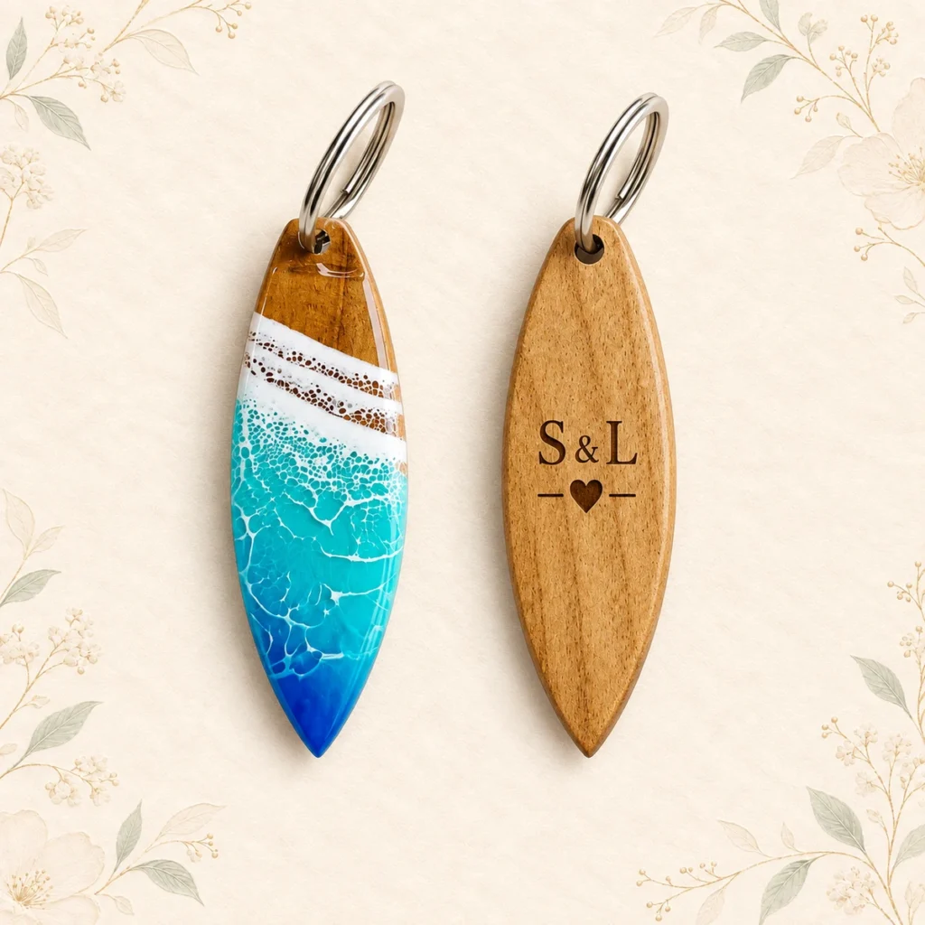Teal resin surfboard keychain front and engraved wood reverse