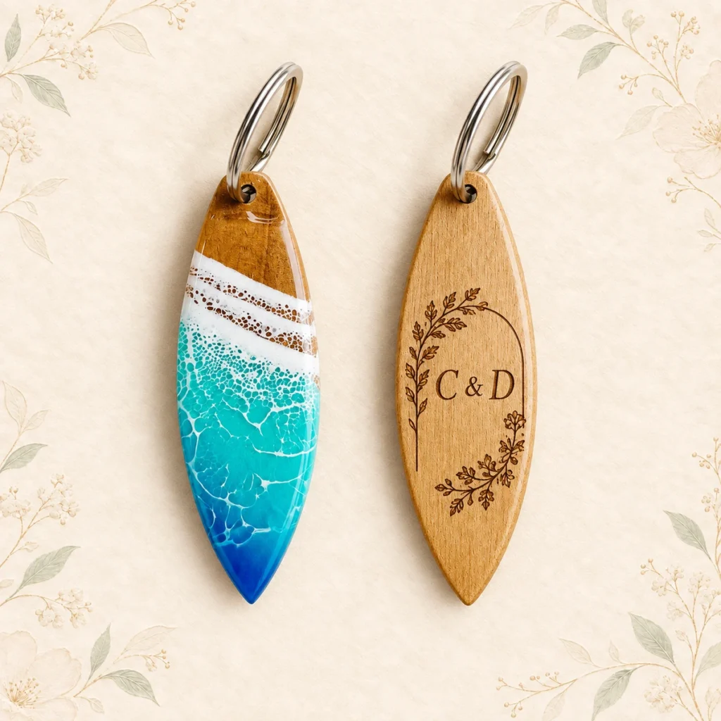 Seafoam resin surfboard keychain front and engraved wood reverse