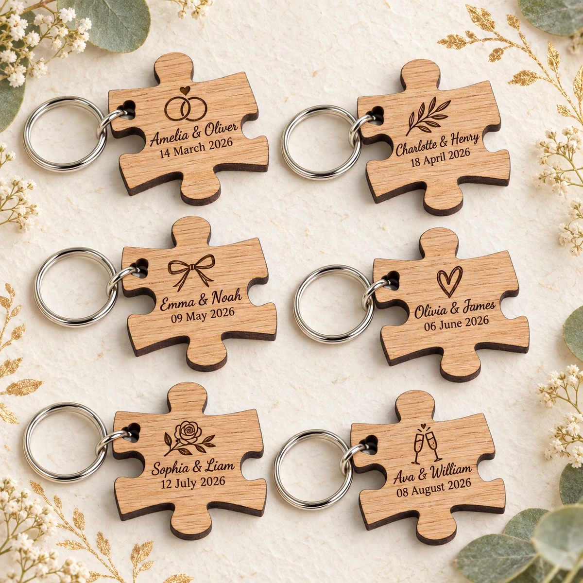 Personalized Wood Jigsaw Wedding Keyring product collection