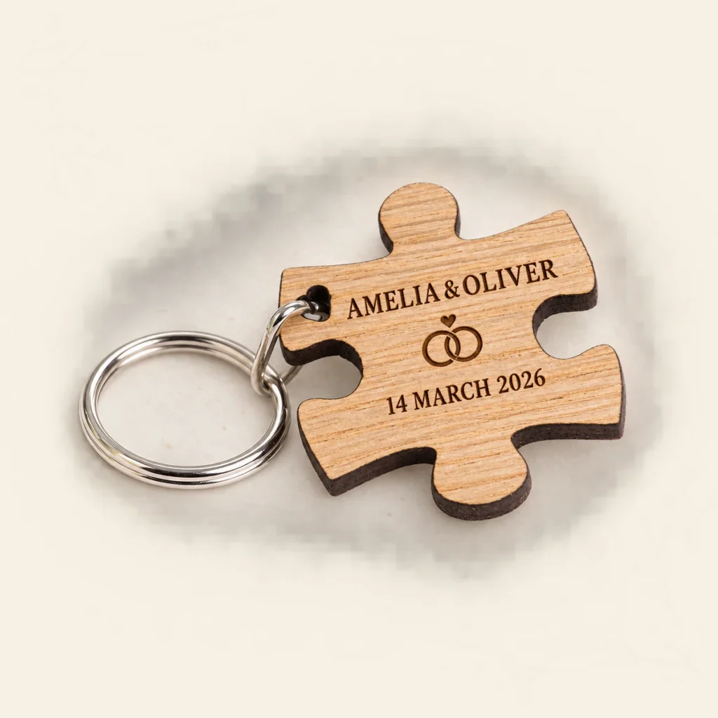 Oak puzzle keyring for Amelia and Oliver dated 14 March 2026
