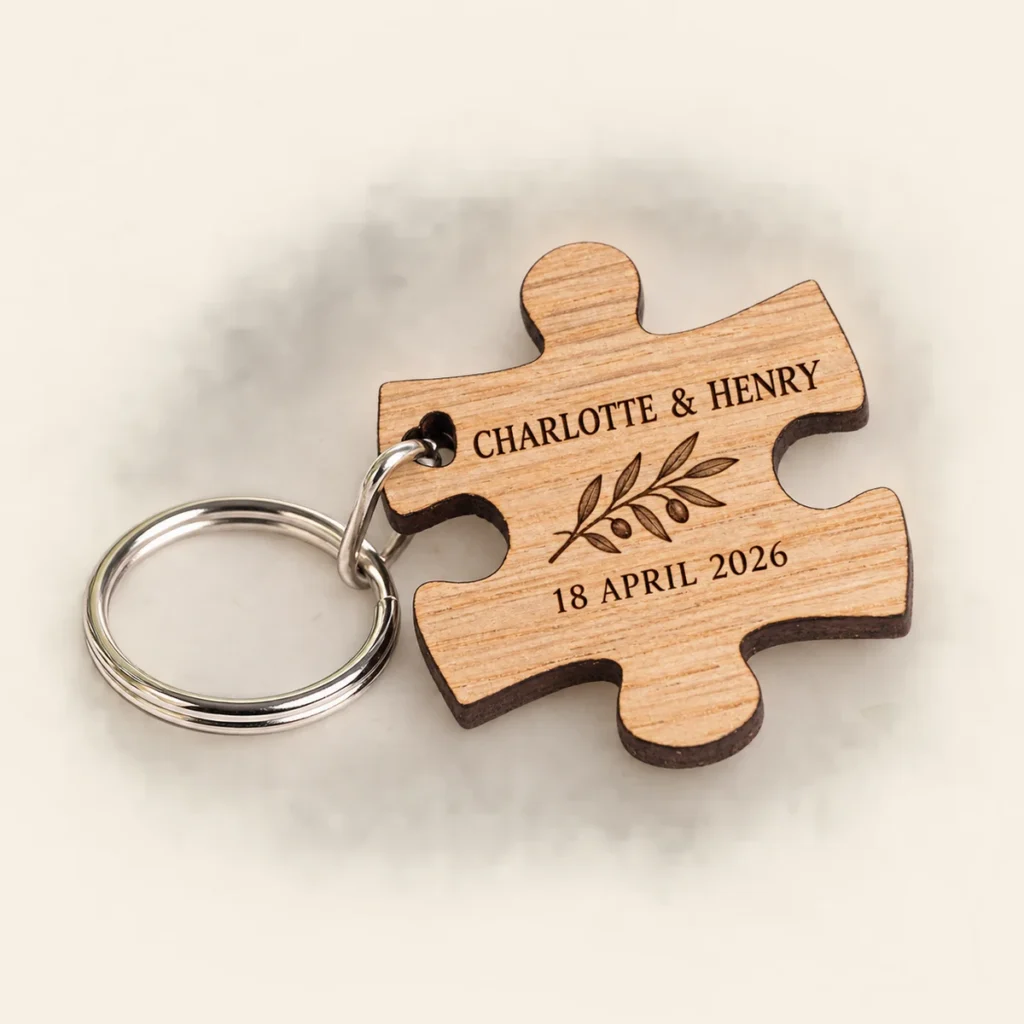 Oak puzzle keyring for Charlotte and Henry dated 18 April 2026