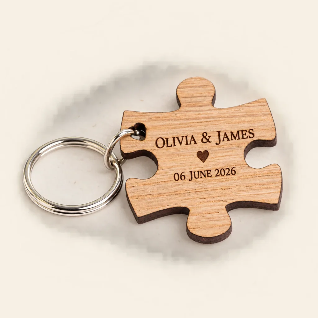 Oak puzzle keyring for Olivia and James dated 6 June 2026