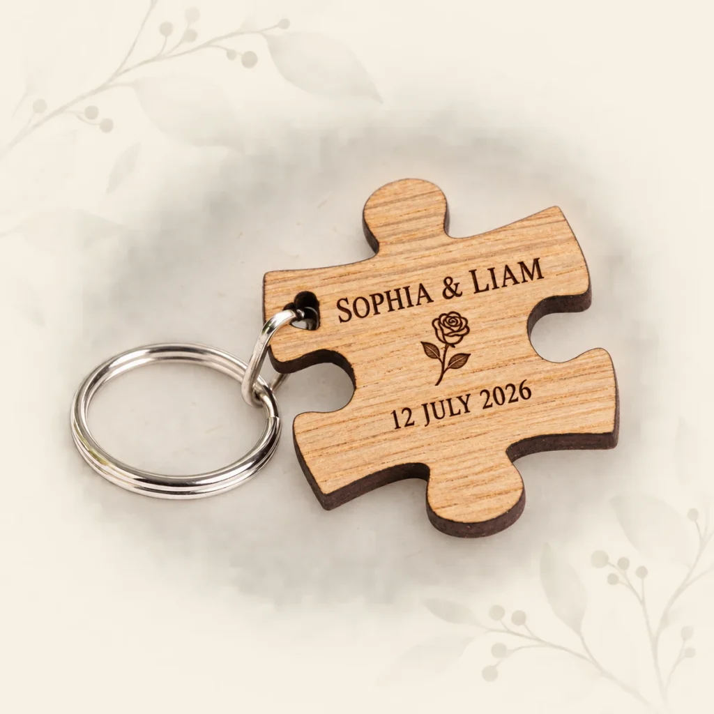 Oak puzzle keyring for Sophia and Liam dated 12 July 2026