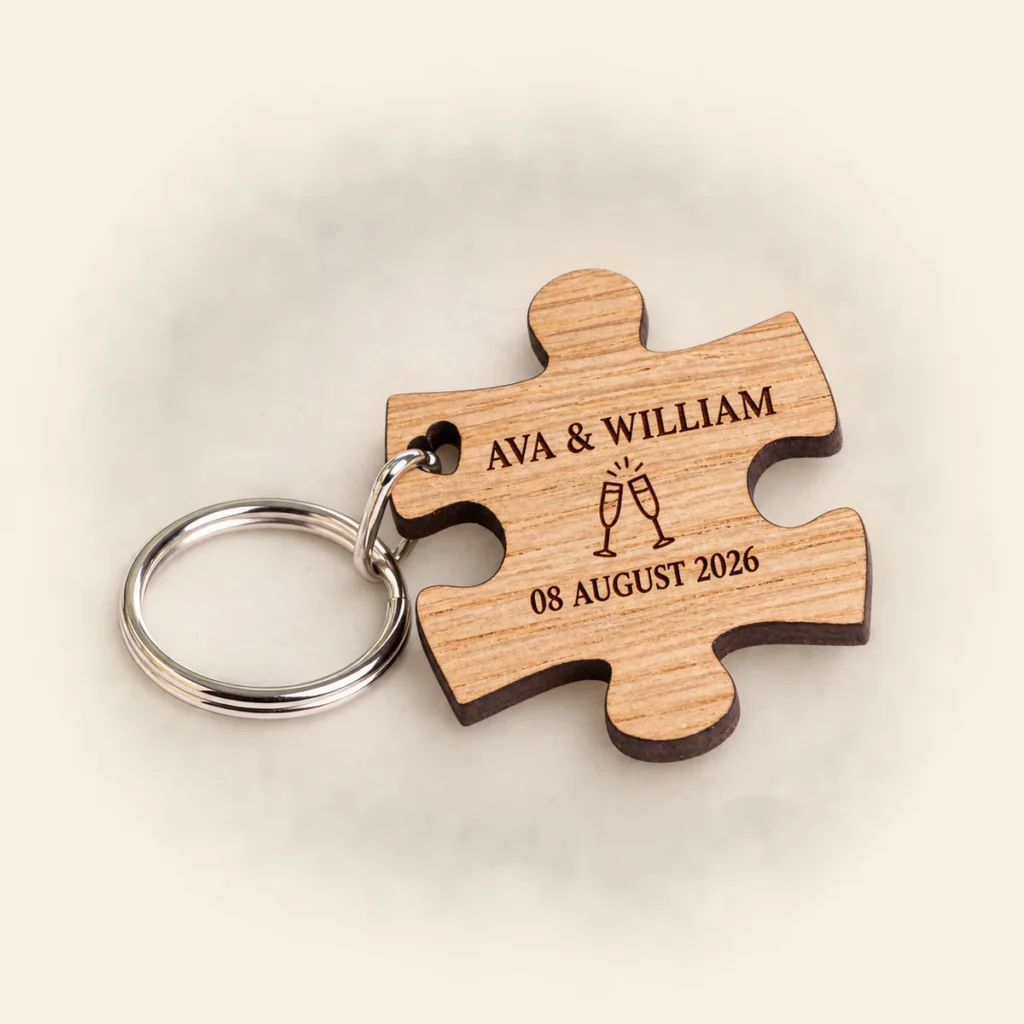 Oak puzzle keyring for Ava and William dated 8 August 2026