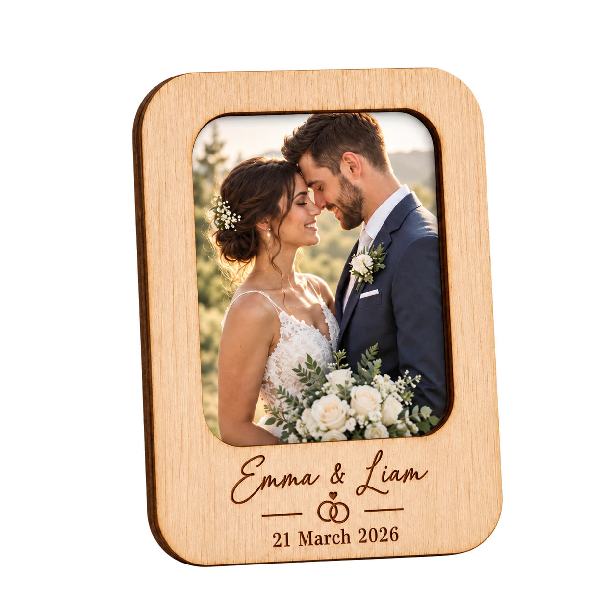 Wood wedding photo frame for Emma and Liam dated 21 March 2026