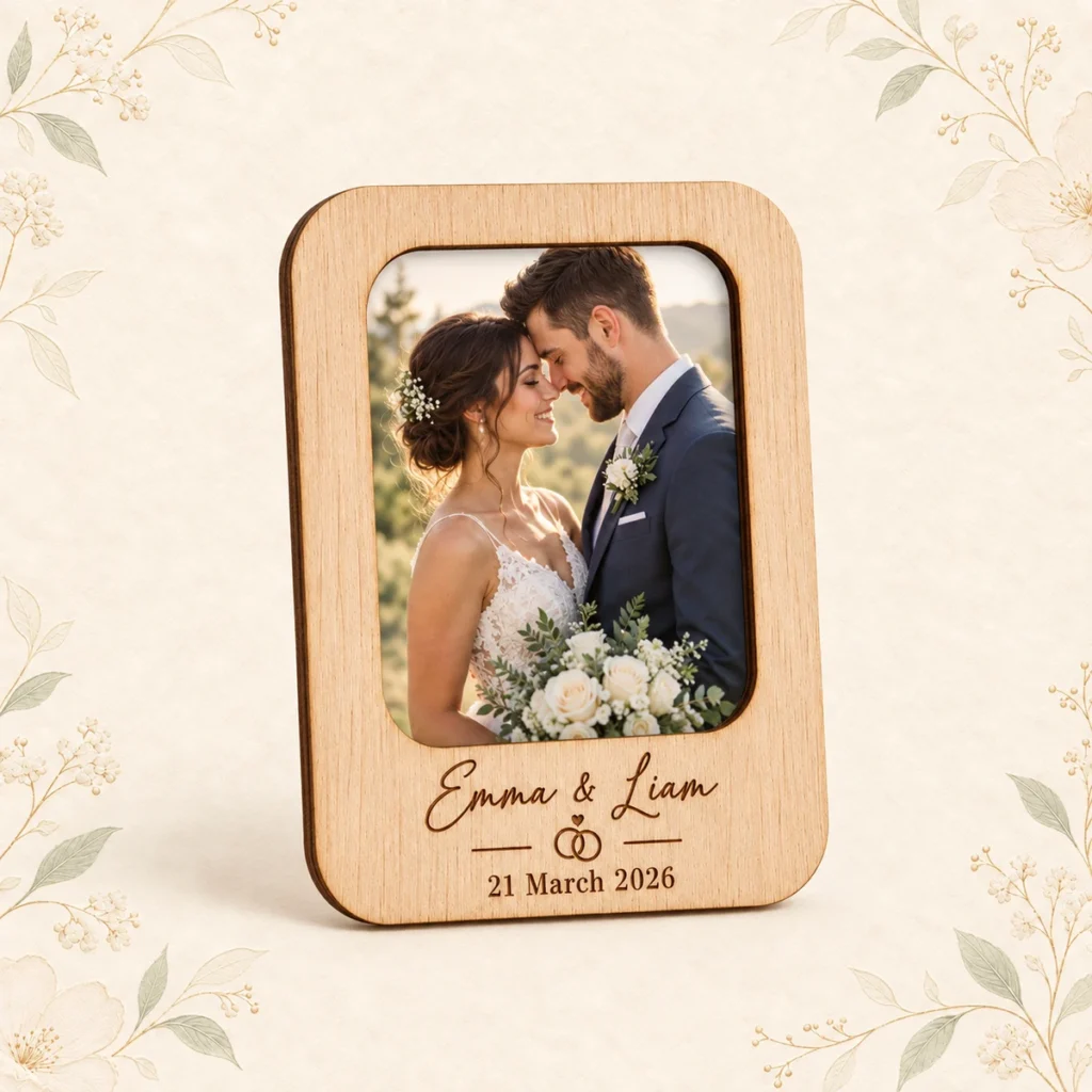 Wood wedding photo frame for Emma and Liam dated 21 March 2026