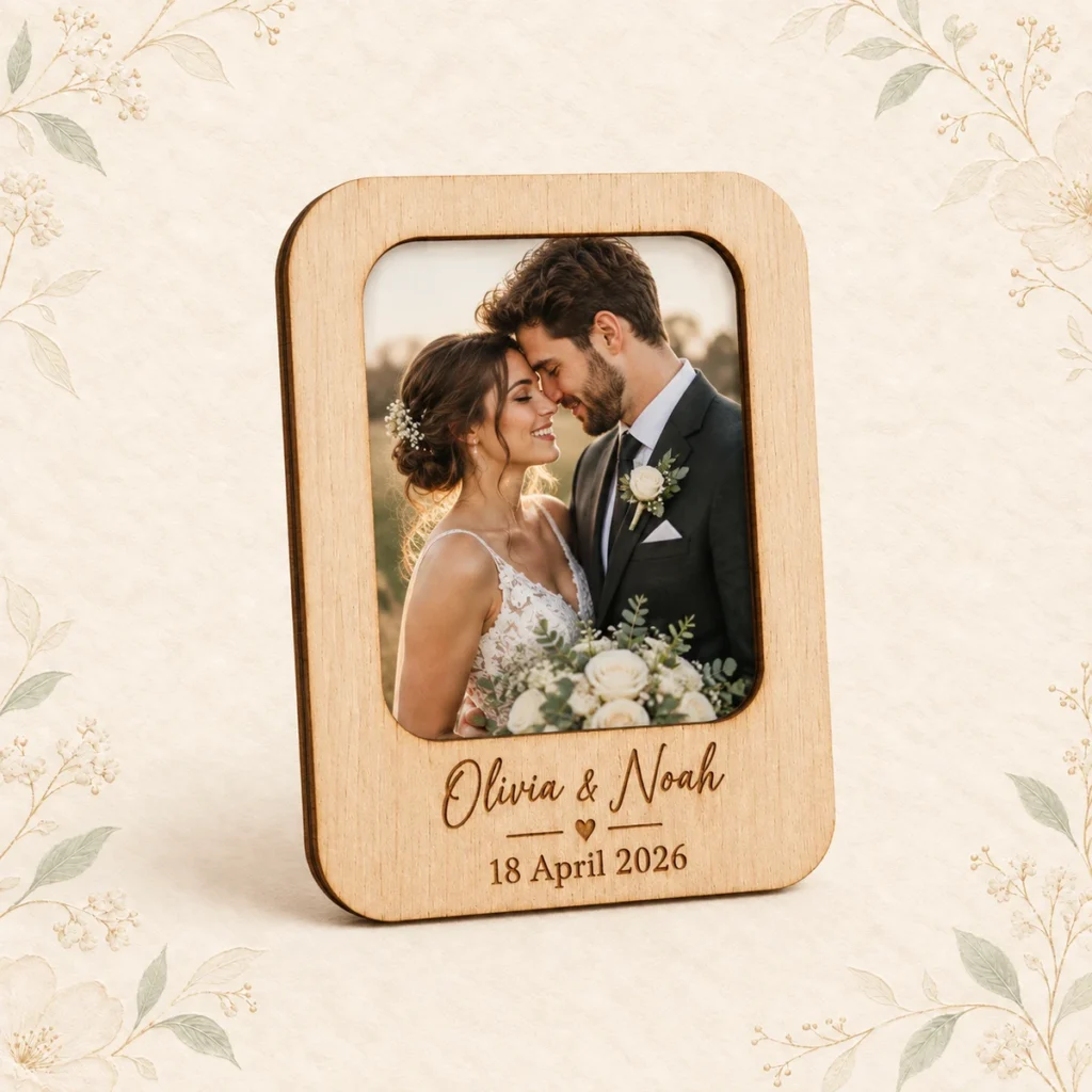 Wood wedding photo frame for Olivia and Noah dated 18 April 2026