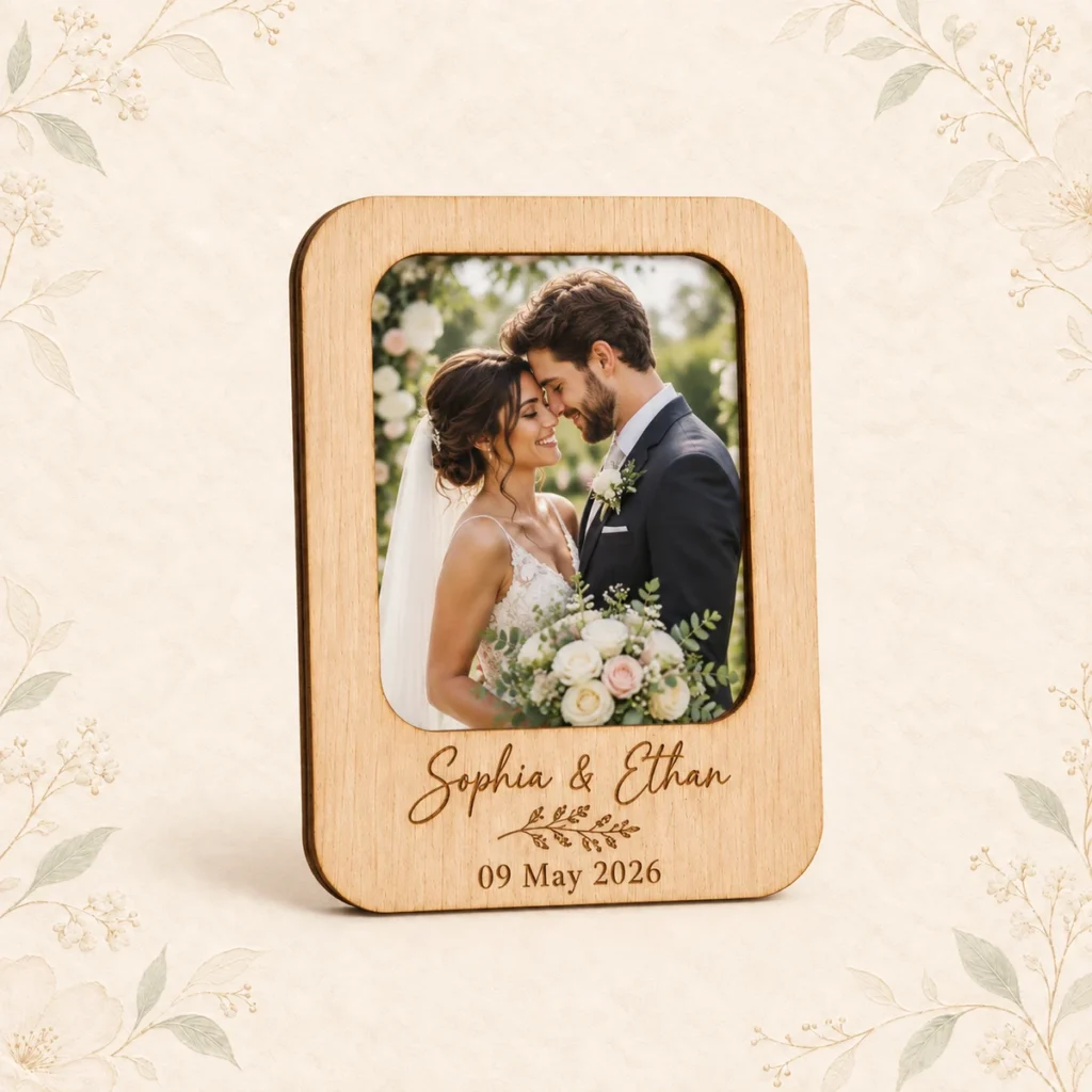 Wood wedding photo frame for Sophia and Ethan dated 9 May 2026