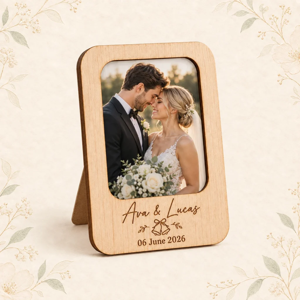 Wood wedding photo frame for Ava and Lucas dated 6 June 2026