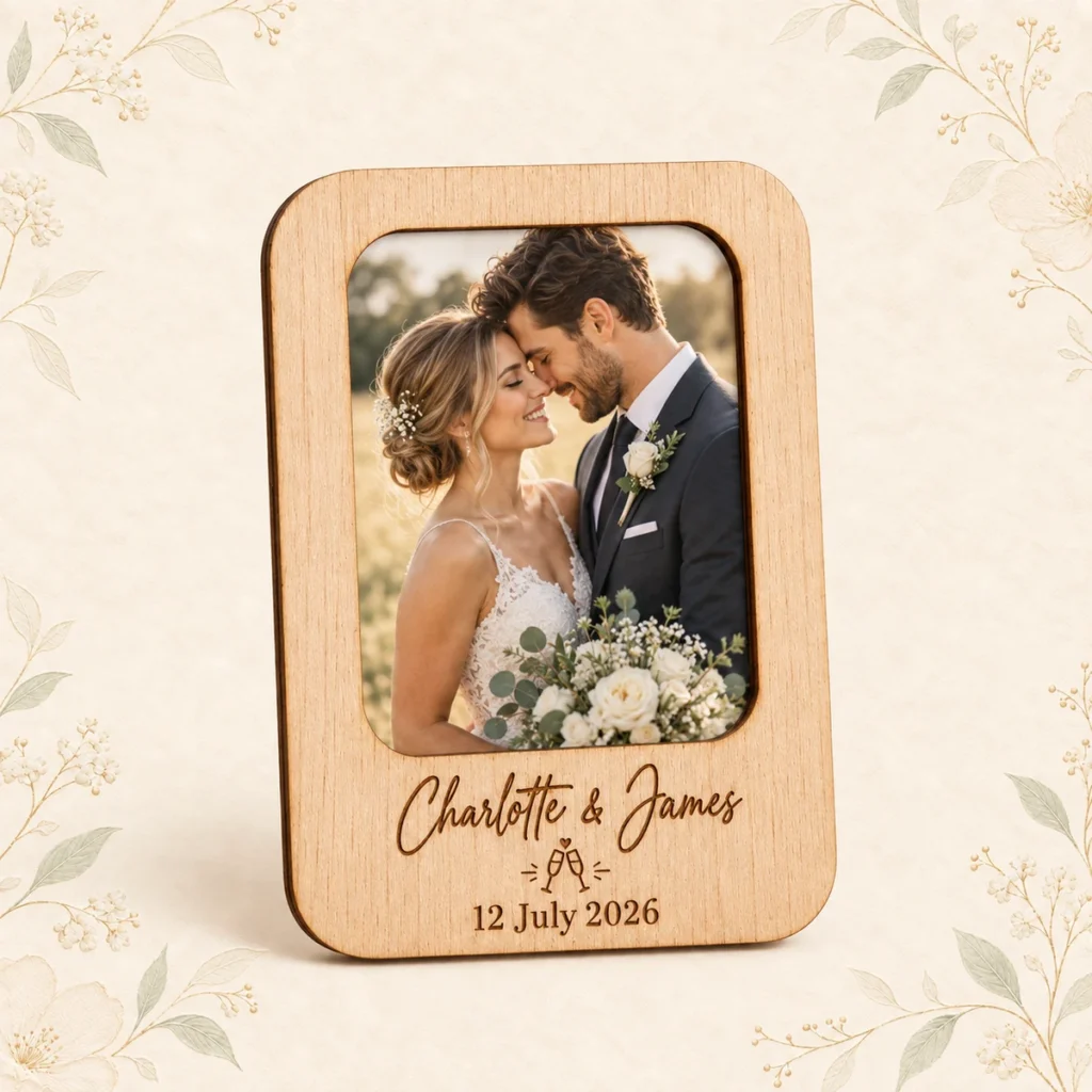 Wood wedding photo frame for Charlotte and James dated 12 July 2026